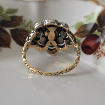 Antieke 14k gouden en zilver ring roosdiamant bloem