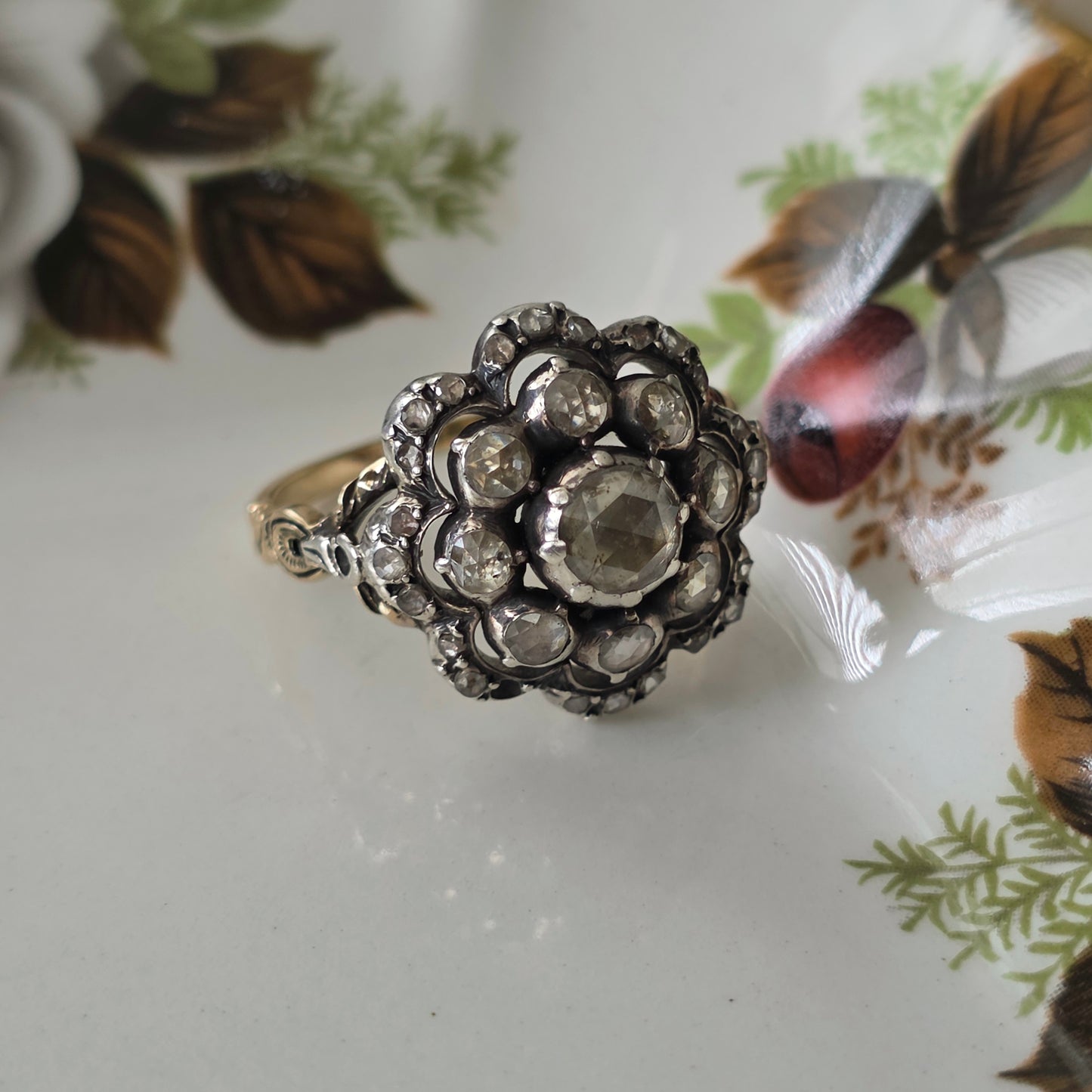 Antieke 14k gouden en zilver ring roosdiamant bloem