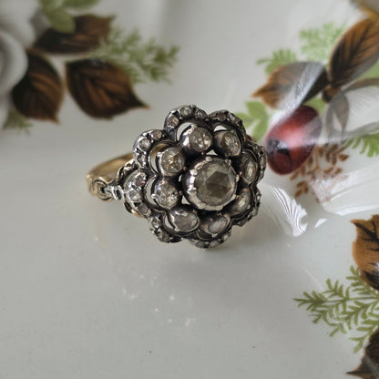 Antieke 14k gouden en zilver ring roosdiamant bloem