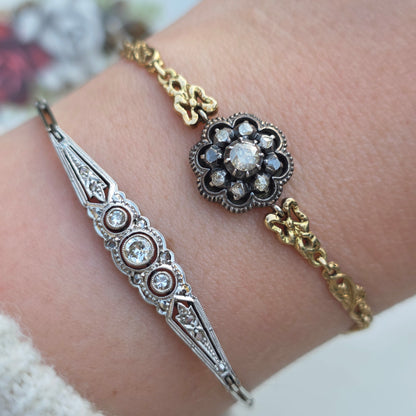 Antieke 14k gouden en zilver roosdiamant armband