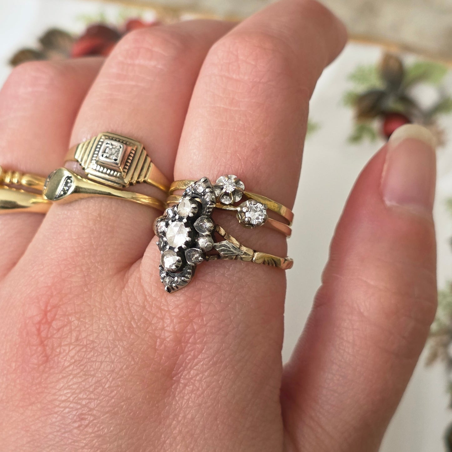 Antieke 14k gouden en zilver ring roosdiamant navette