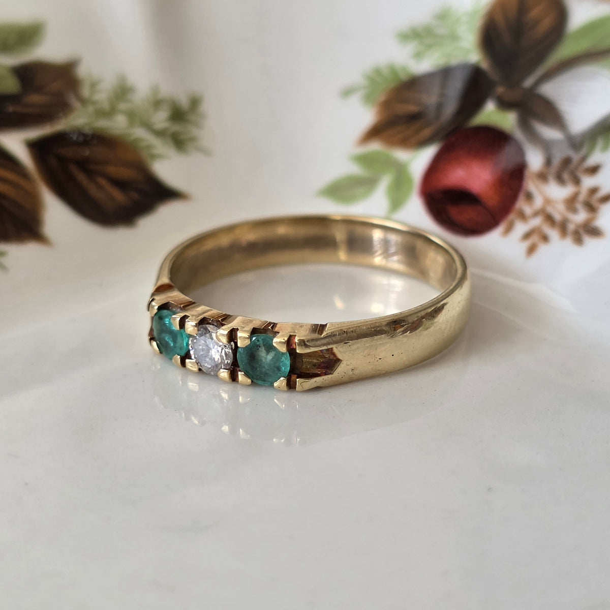 Vintage 14k gouden ring met smaragd en diamant