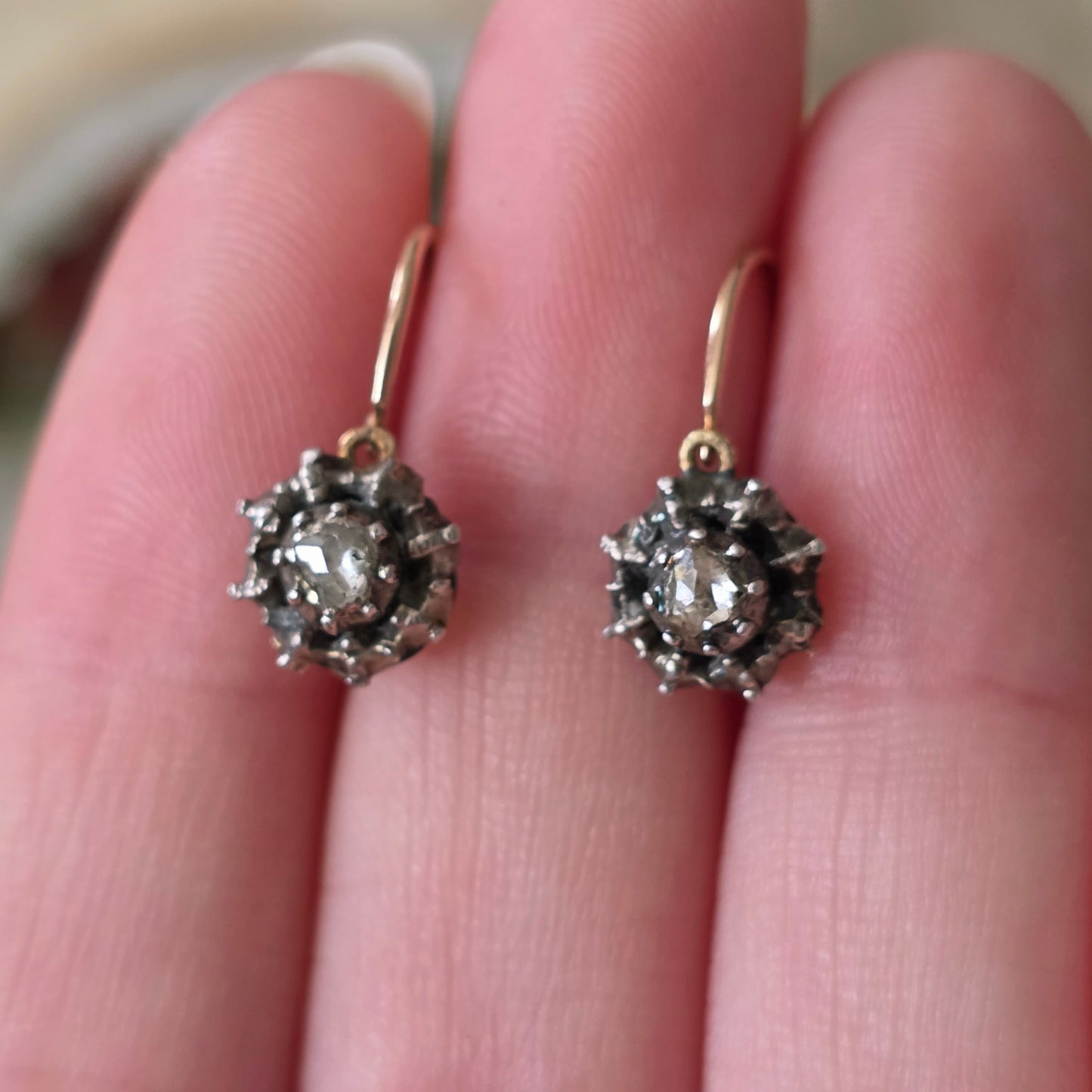 Antieke 14k gouden en zilver roosdiamant oorhangers