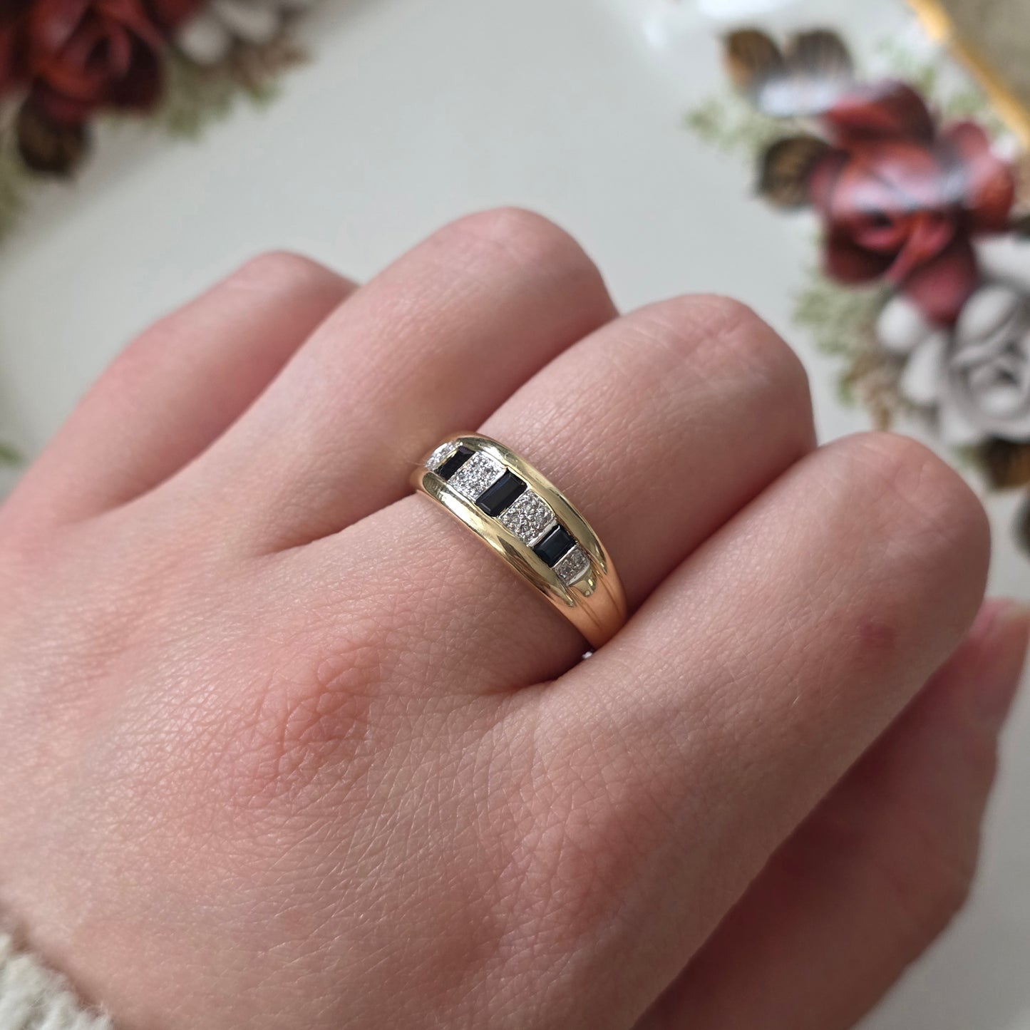 Vintage 14k gouden ring saffier en diamant