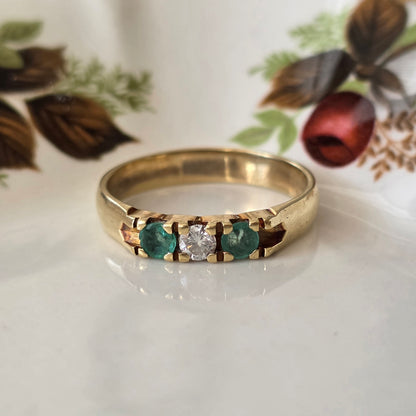 Vintage 14k gouden ring met smaragd en diamant