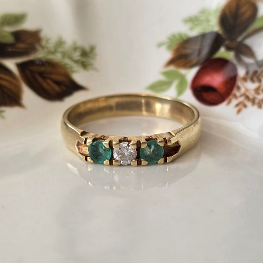 Vintage 14k gouden ring met smaragd en diamant