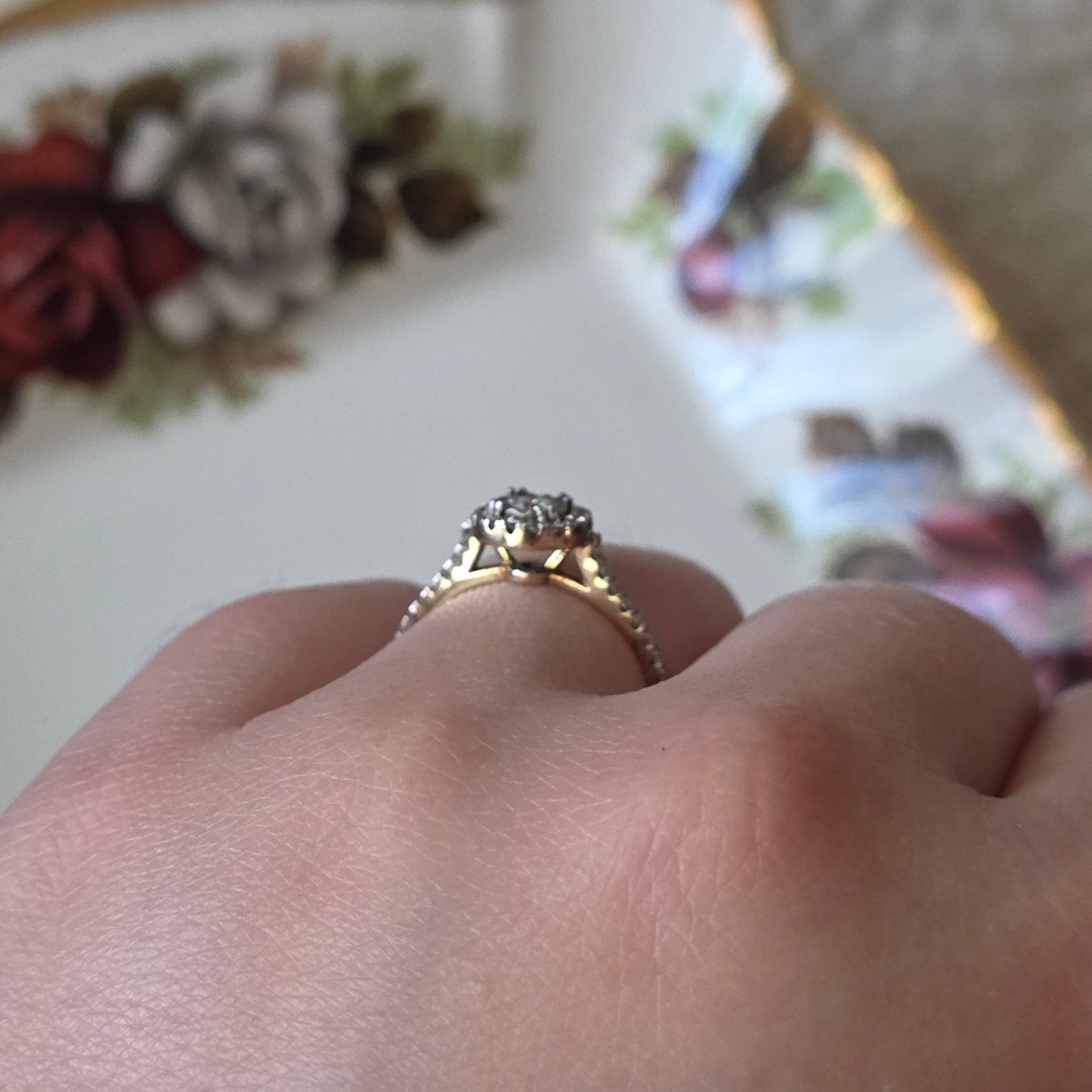 Vintage 9k verlovingsring diamant eternity halo