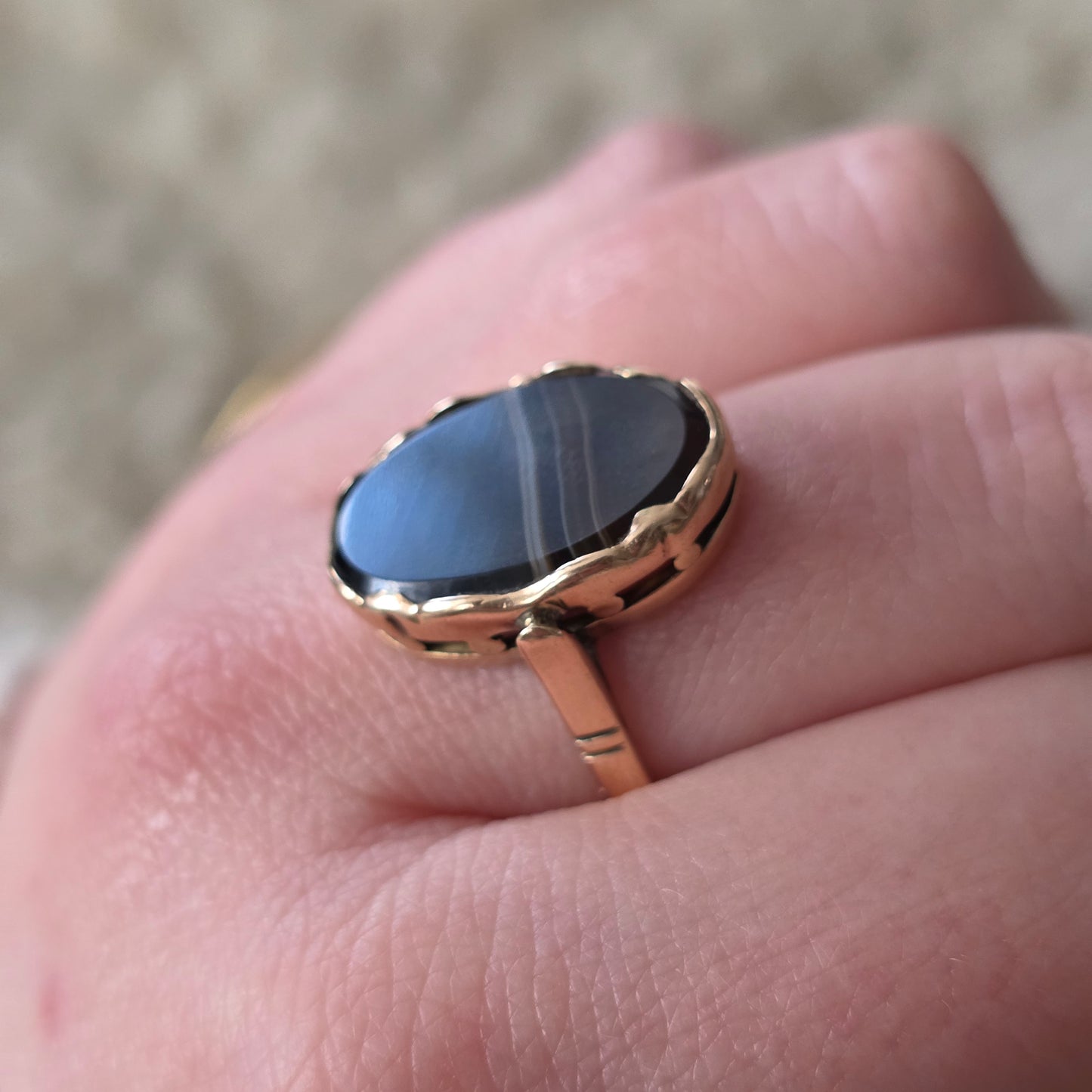 Vintage 14k rose gouden ring zwarte band agaat