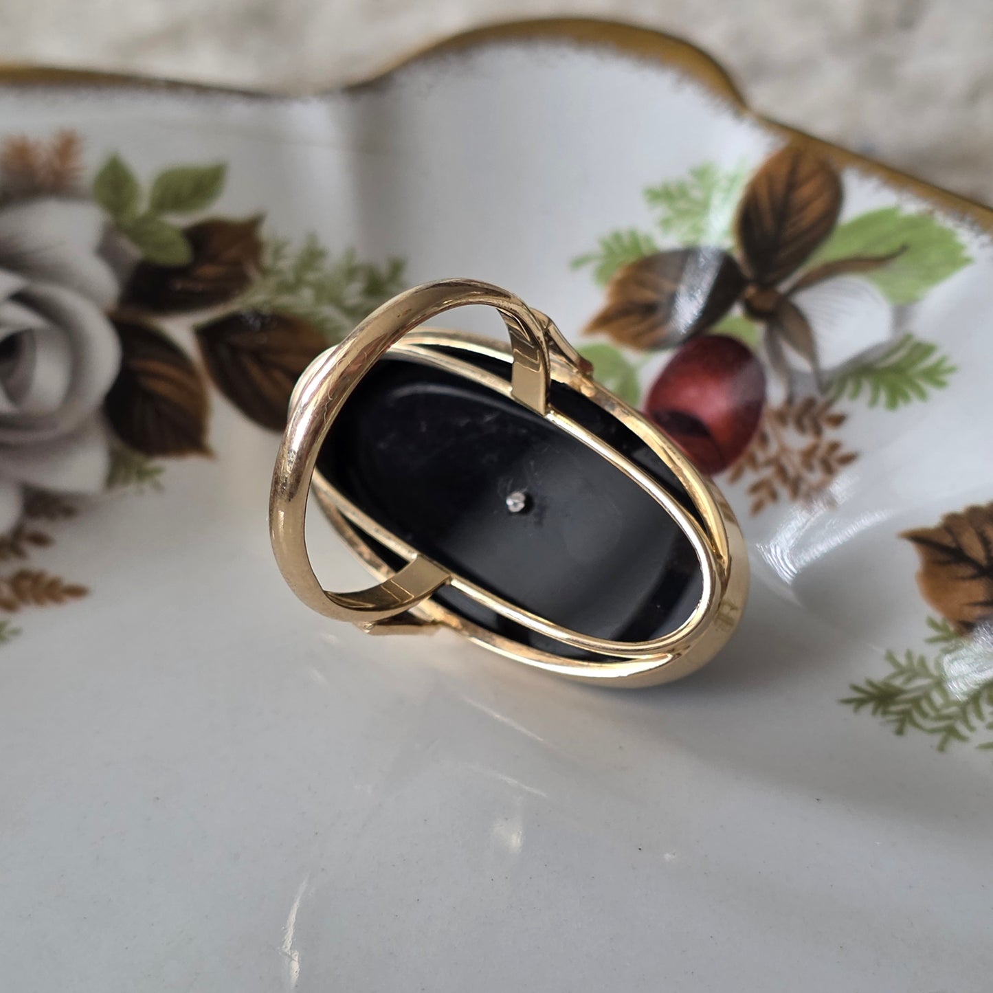 Antieke 14k gouden ring met onyx, robijnen en roosdiamant