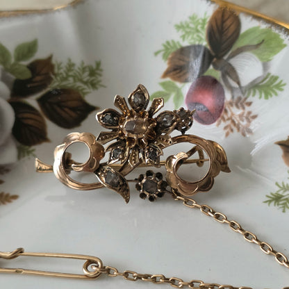 Antieke 14k gouden roosdiamant broche bloemtak