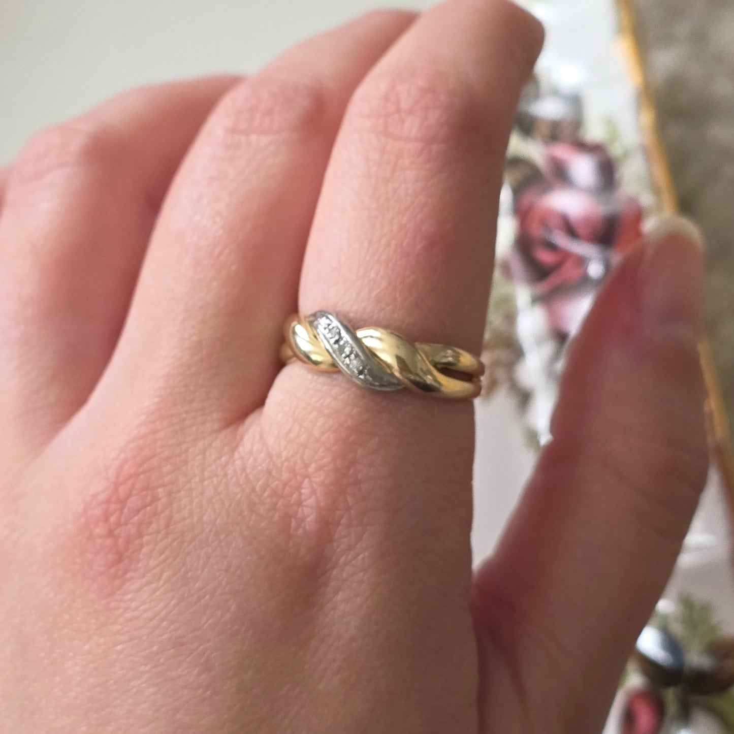 Vintage 14k gold ring diamond braid