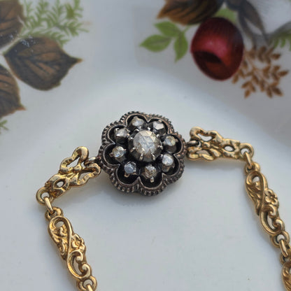 Antieke 14k gouden en zilver roosdiamant armband