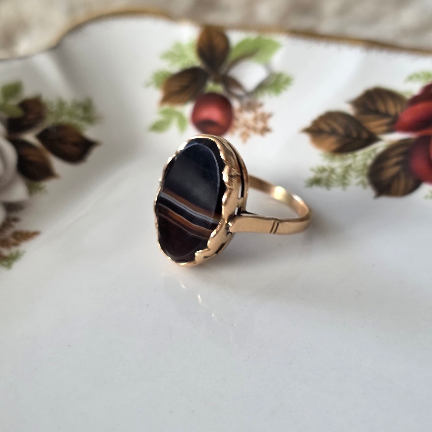 Vintage 14k rose gouden ring zwarte band agaat