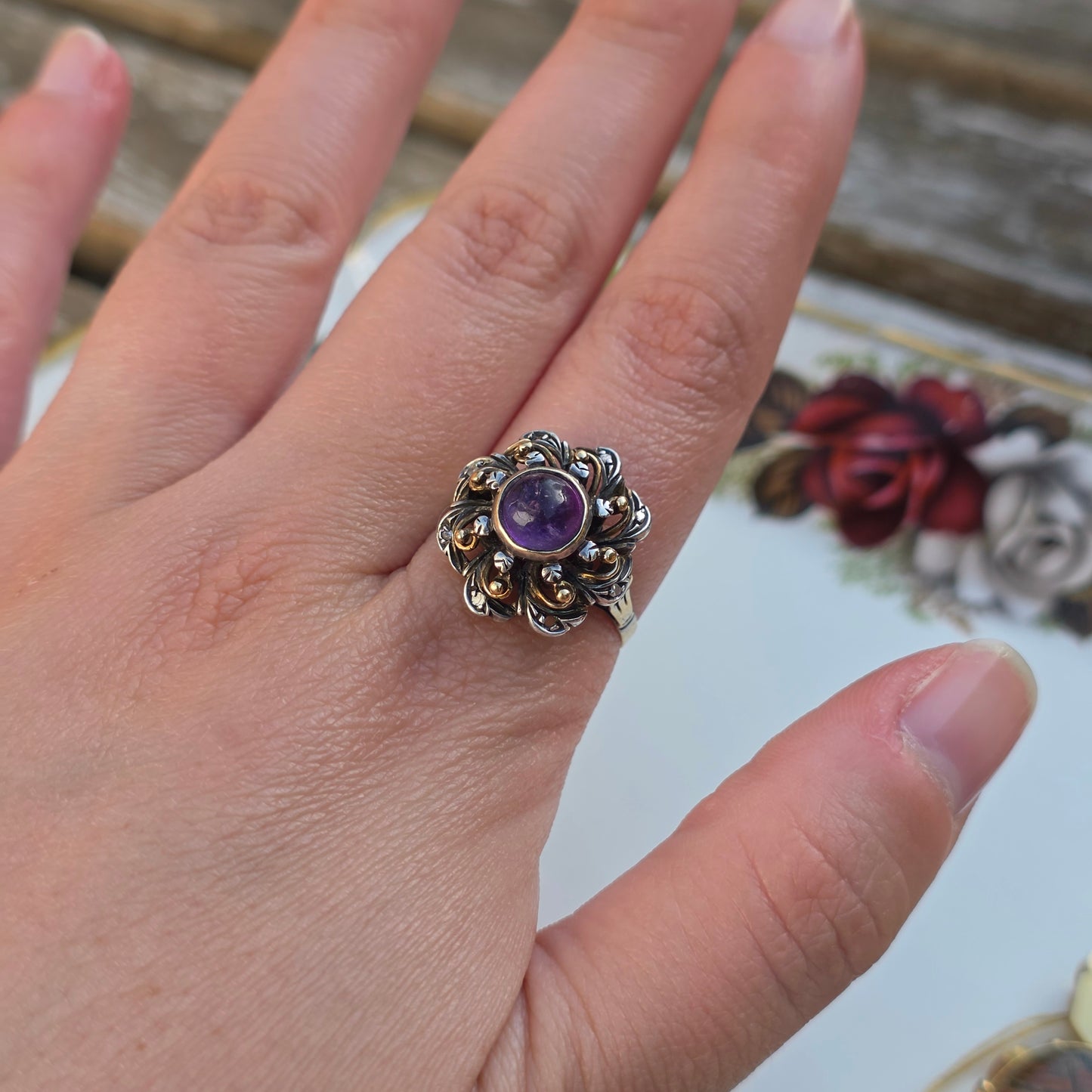 Antieke 14k gouden en zilver ring met amethist en diamantjes