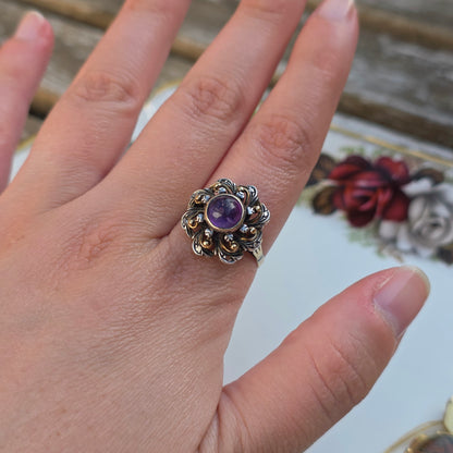 Antieke 14k gouden en zilver ring met amethist en diamantjes