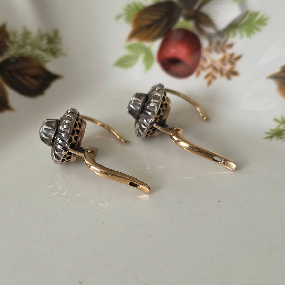 Antique 14k gold and silver rose-cut diamond dormeuse earrings