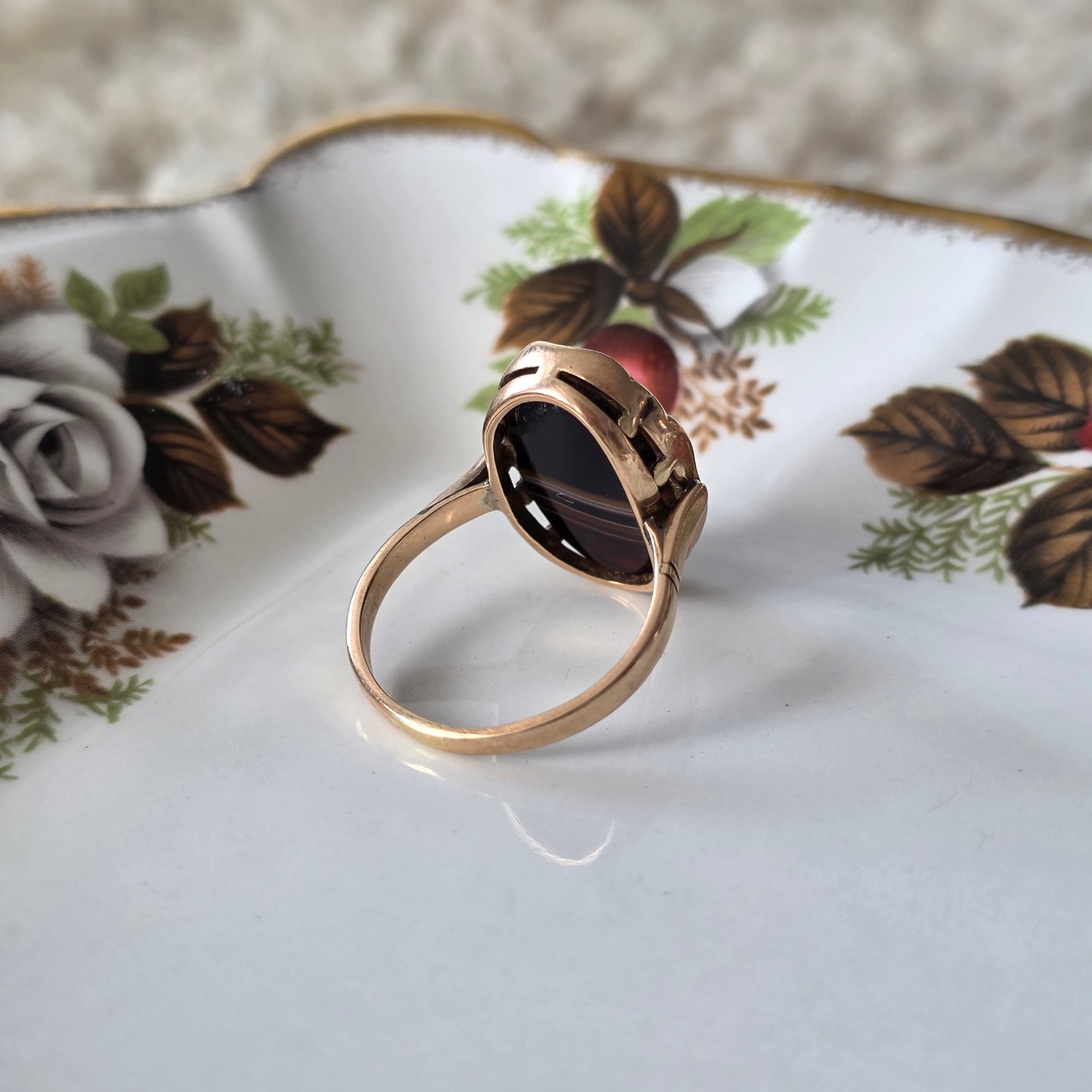Vintage 14k rose gouden ring zwarte band agaat