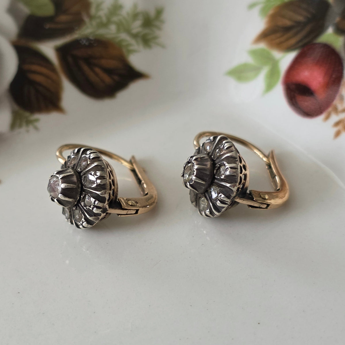 Antique 14k gold and silver rose-cut diamond dormeuse earrings