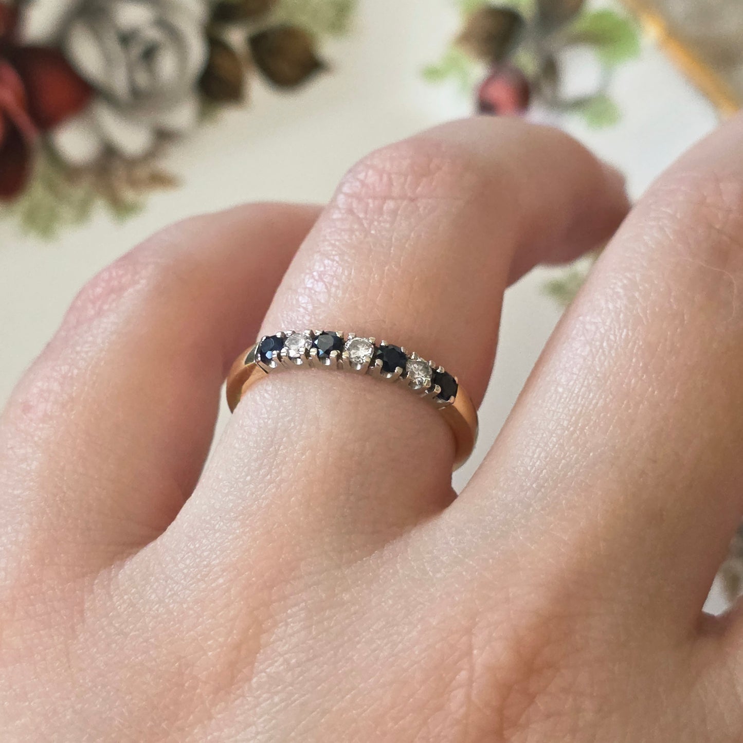Vintage 14k gouden ring met saffier en diamant 0.12ct