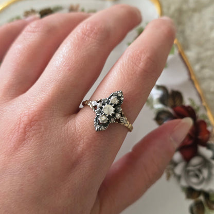 Antieke 14k gouden en zilver ring roosdiamant navette