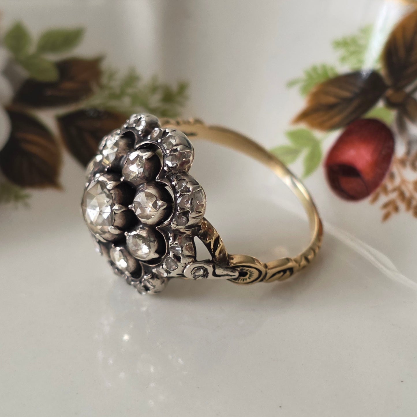Antieke 14k gouden en zilver ring roosdiamant bloem