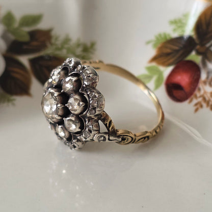 Antieke 14k gouden en zilver ring roosdiamant bloem