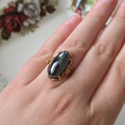 Vintage 14k gouden ring met hematiet en bloemen