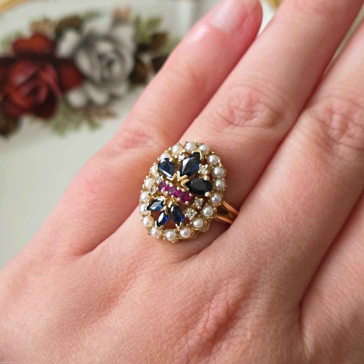 Vintage 14k ring saffier robijn diamant en zaadparels Franklin Mint