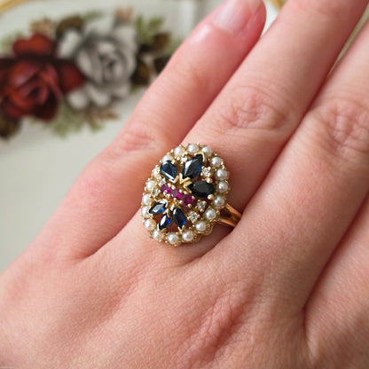 Vintage 14k ring saffier robijn diamant en zaadparels Franklin Mint