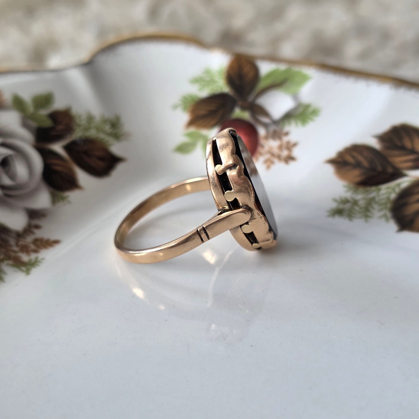 Vintage 14k rose gouden ring zwarte band agaat