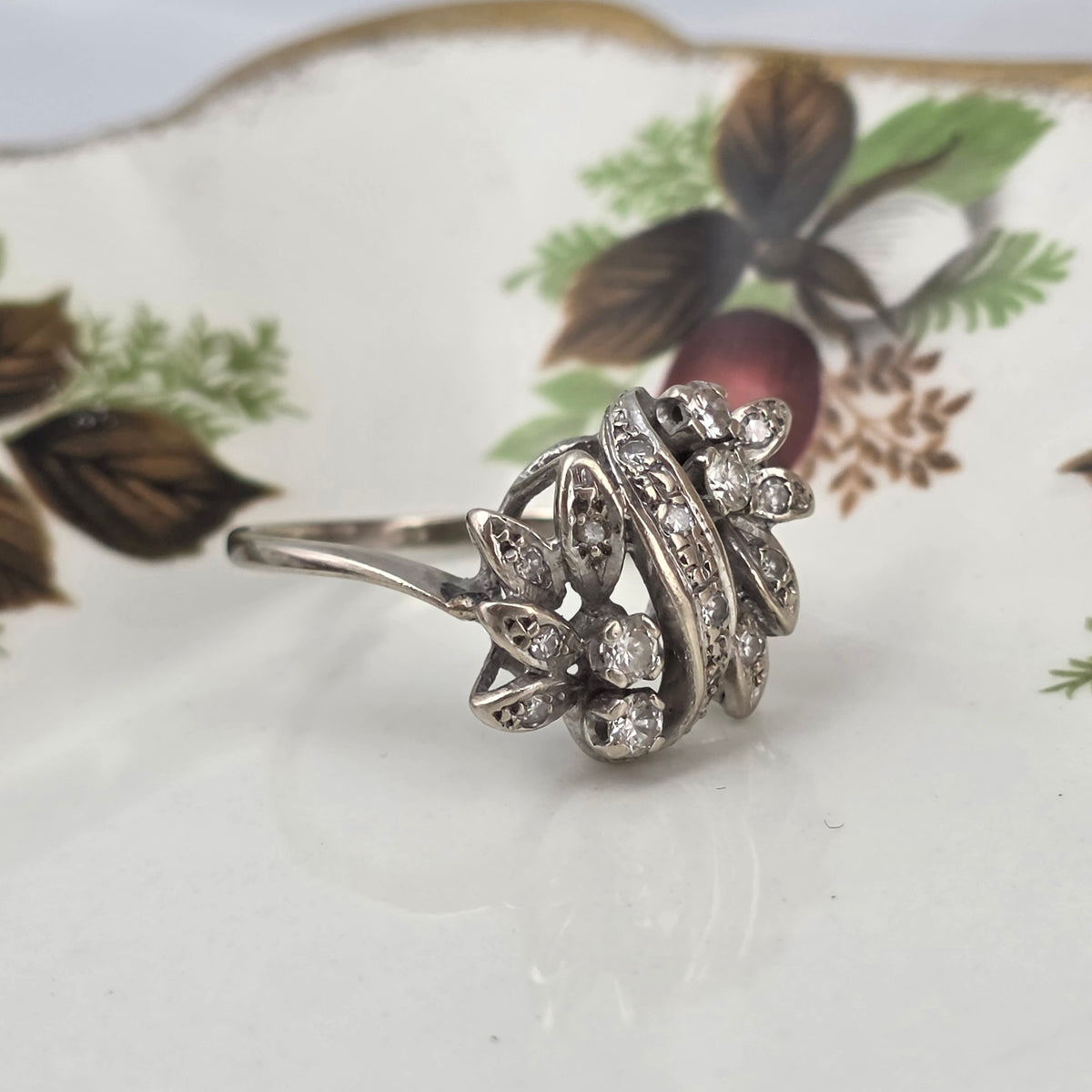 Antieke 14k witgouden ring diamanten bloemen
