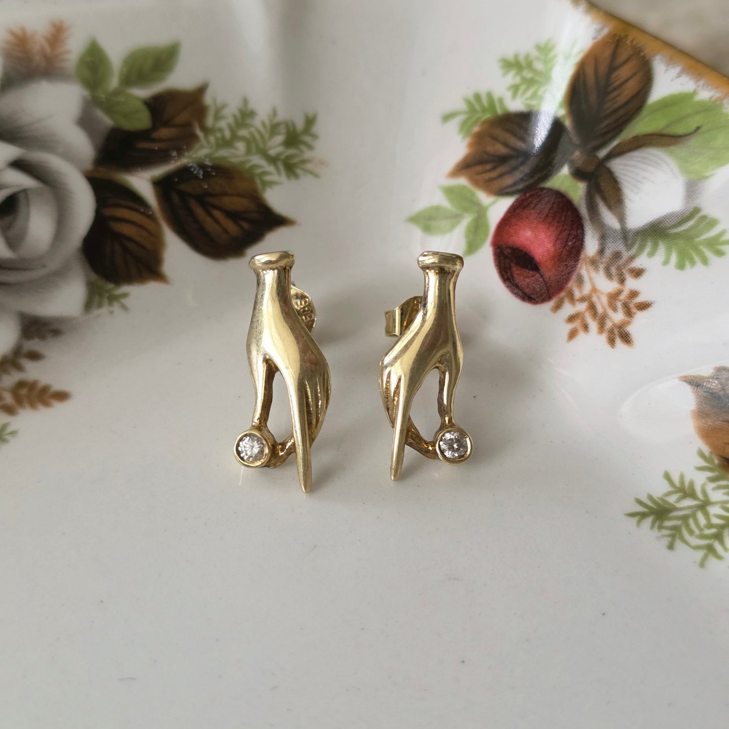 Vintage 14k gouden oorstekers diamant hand