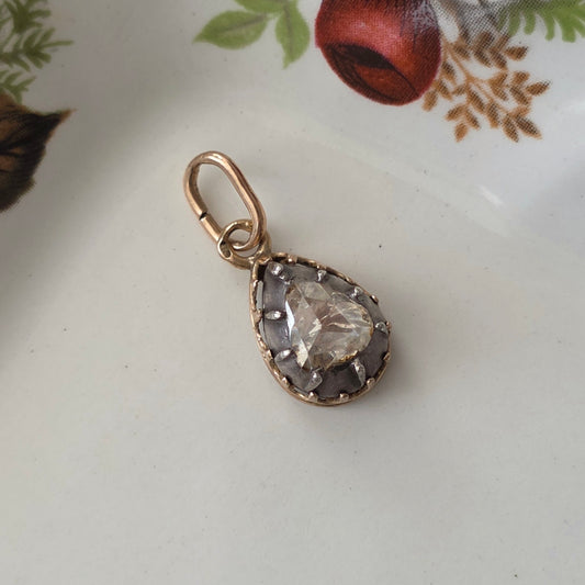 Antieke 14k gouden en zilver hanger peer roosdiamant