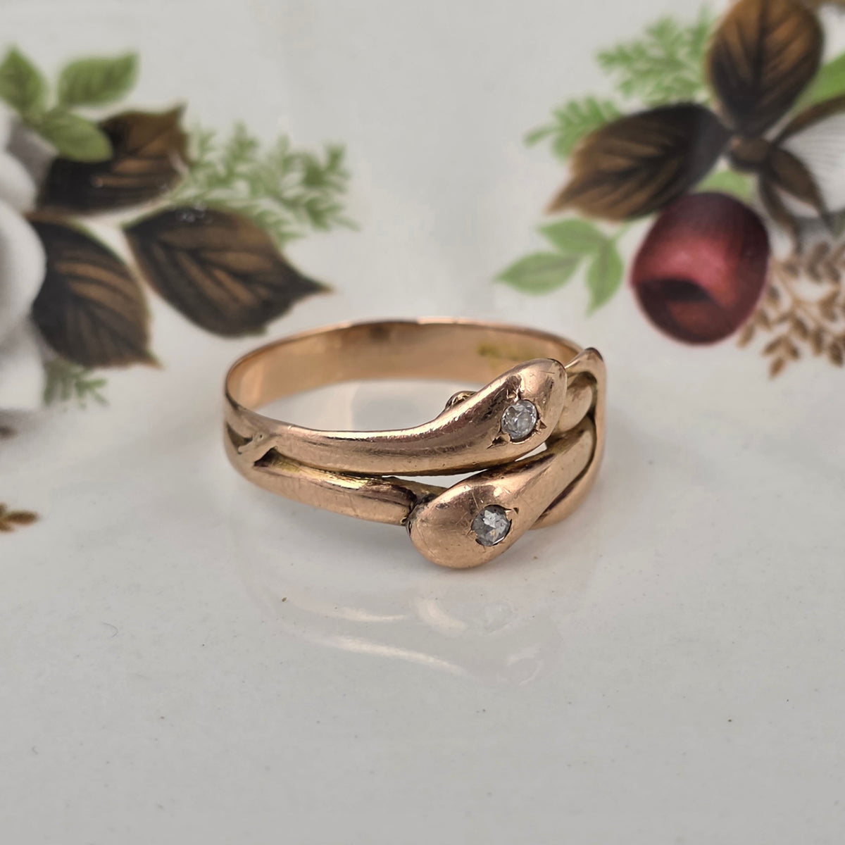 Antique 14k gold snake ring with rose-cut diamond and quartz