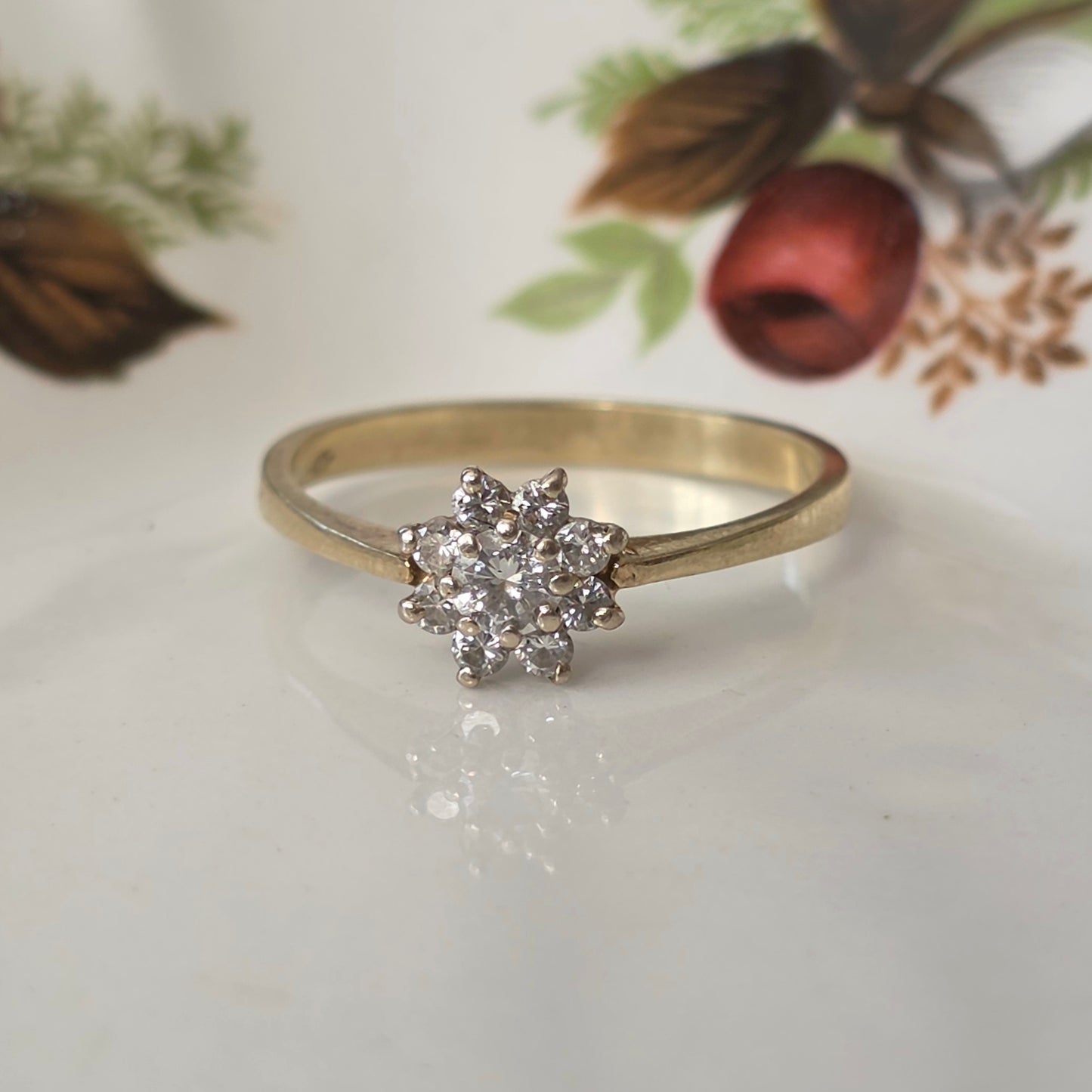 Vintage 14k gouden ring met diamanten bloem 0.2ct