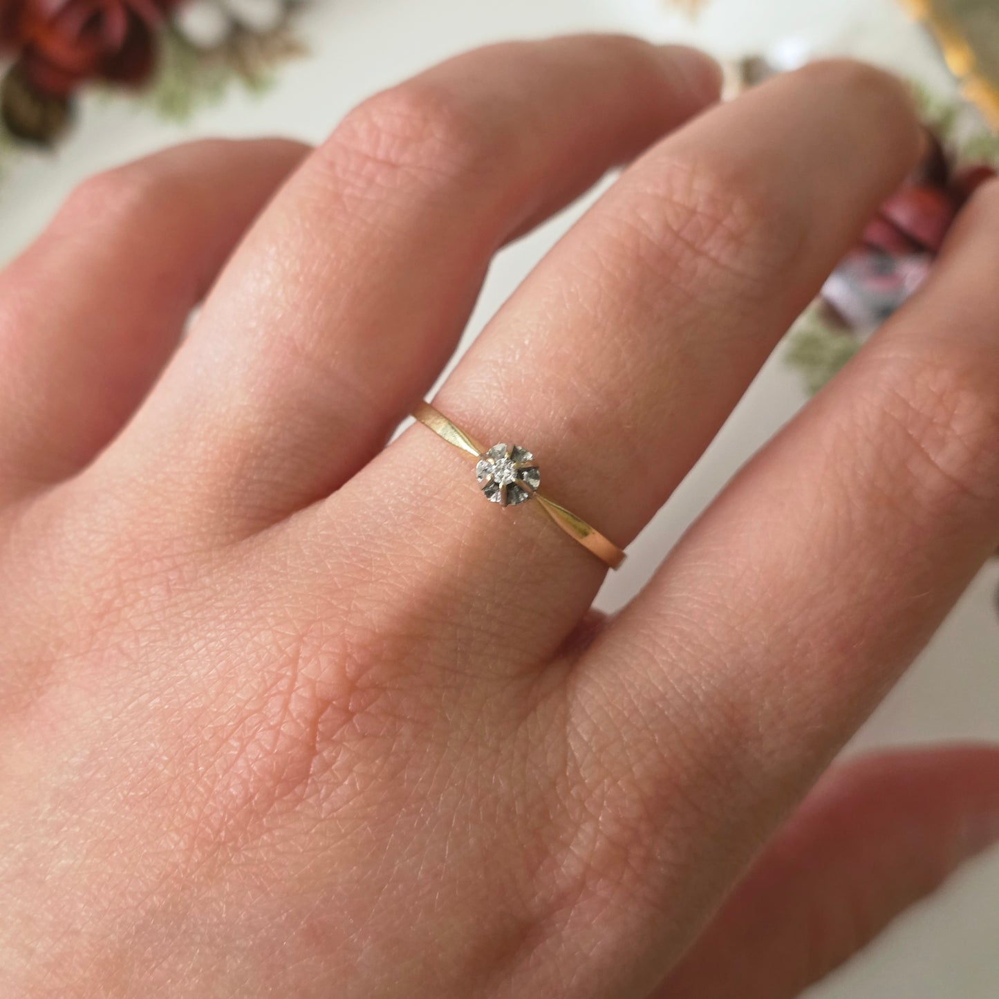 Vintage 14k gouden solitair verlovingsring diamant 0.02ct