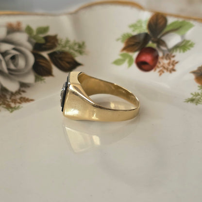 Vintage 14k gouden zegelring met onyx en diamant