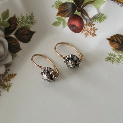 Antieke 14k gouden en zilver roosdiamant oorhangers