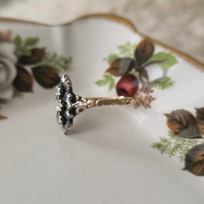 Antieke 14k gouden en zilver ring roosdiamant navette