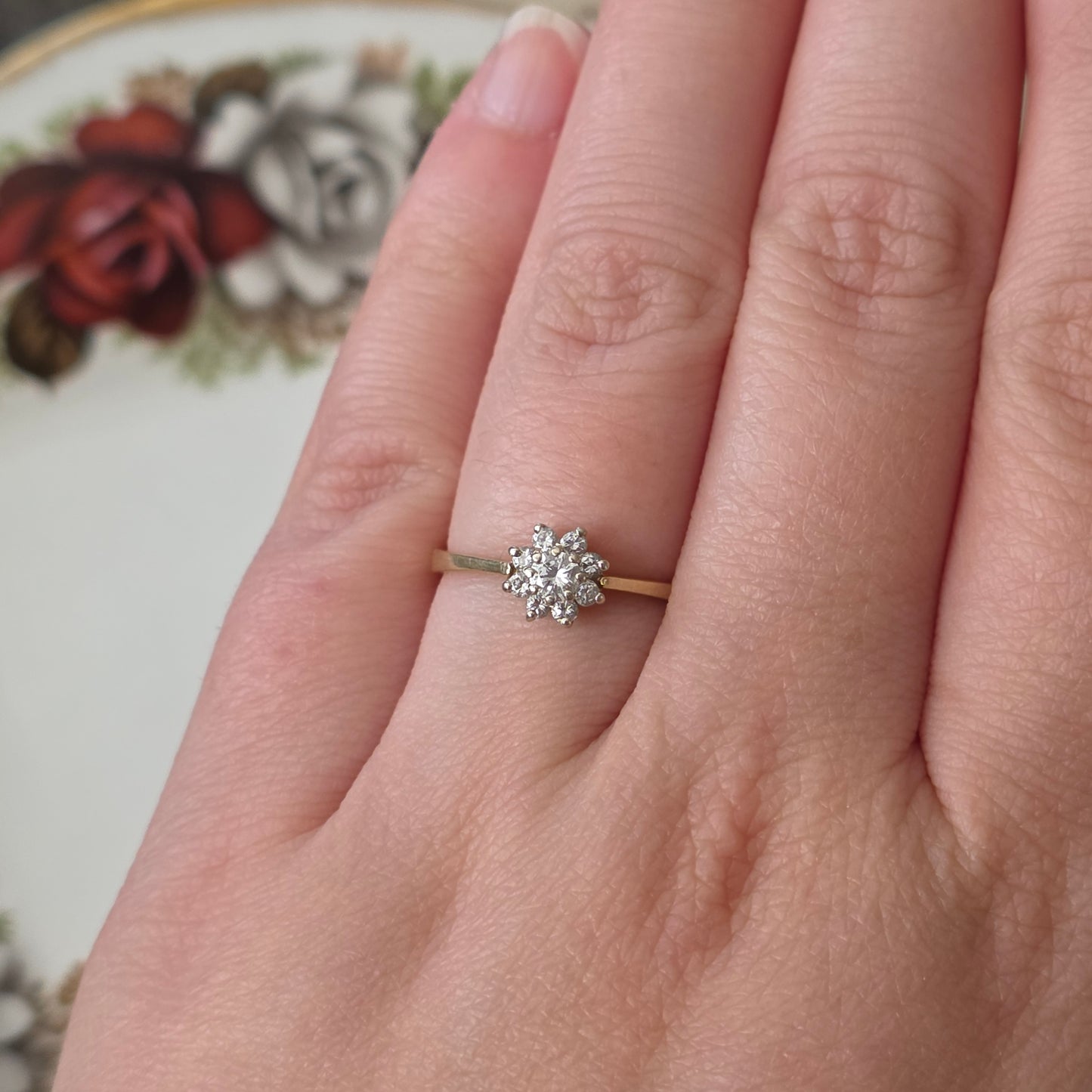 Vintage 14k gouden ring met diamanten bloem 0.2ct