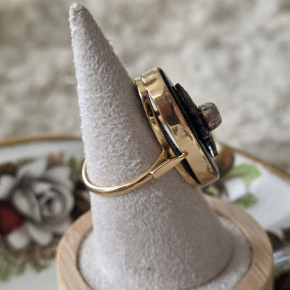 Antieke 14k gouden ring met onyx, robijnen en roosdiamant