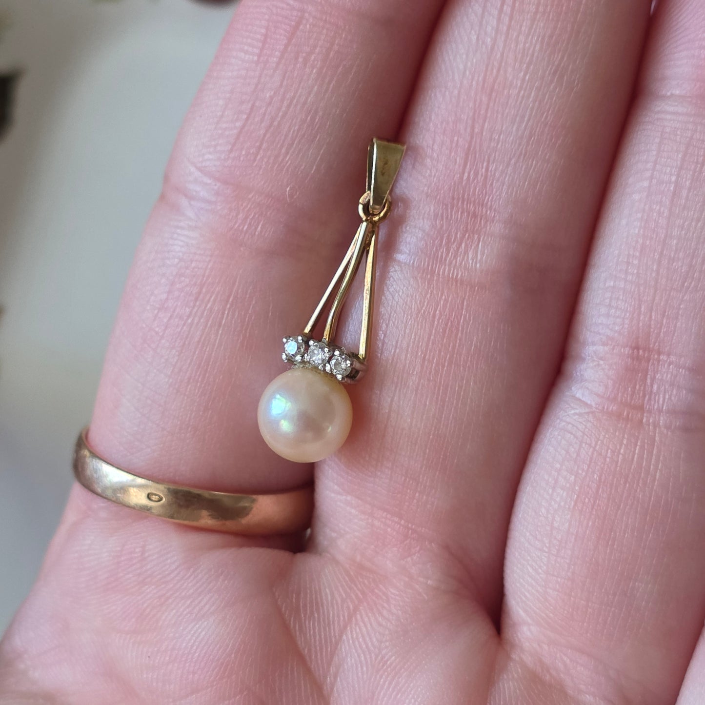 Vintage 14k gouden hanger parel en diamanten
