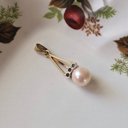 Vintage 14k gouden hanger parel en diamanten