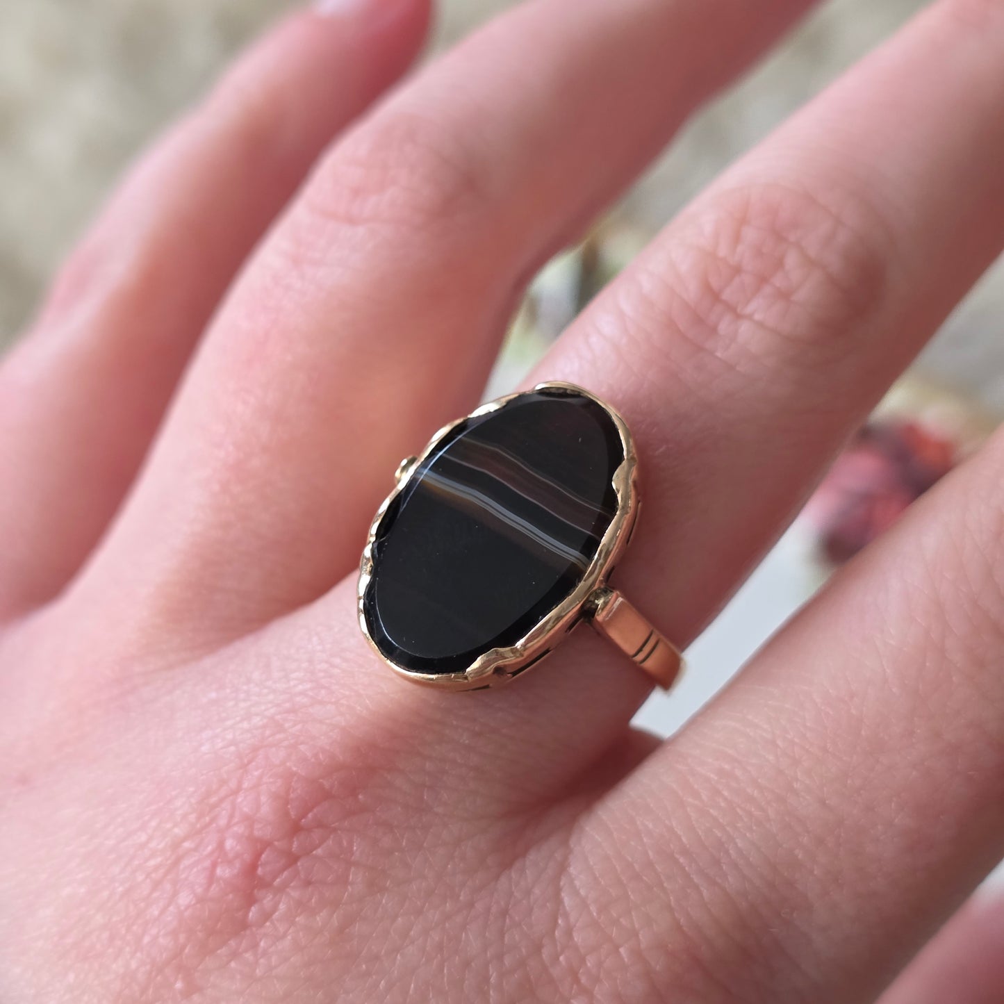 Vintage 14k rose gouden ring zwarte band agaat