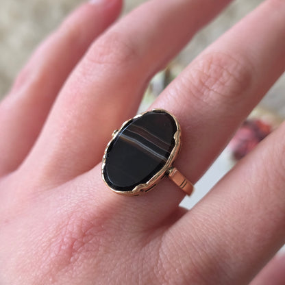 Vintage 14k rose gouden ring zwarte band agaat