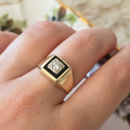 Vintage 14k gouden zegelring met onyx en diamant