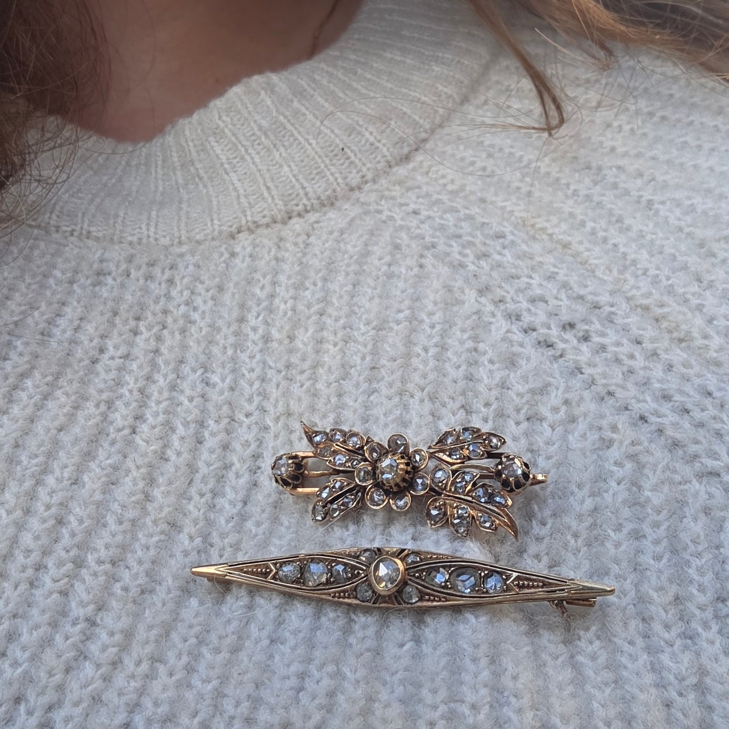 Antieke 14k gouden roosdiamant broche vroege Art Deco