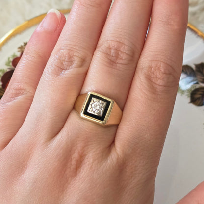 Vintage 14k gouden zegelring met onyx en diamant