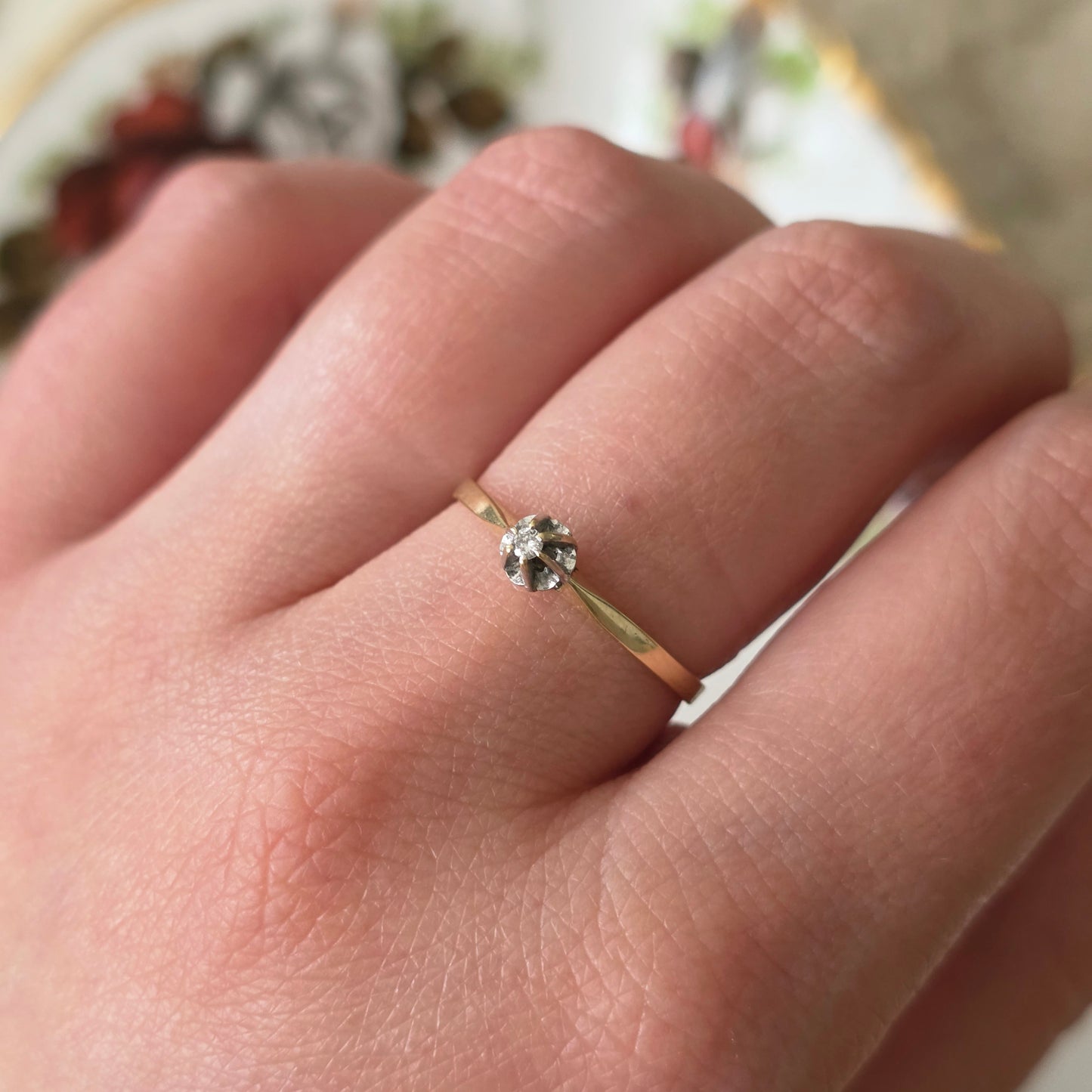 Vintage 14k gouden solitair verlovingsring diamant 0.02ct
