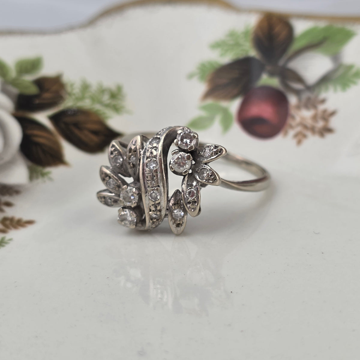 Antieke 14k witgouden ring diamanten bloemen